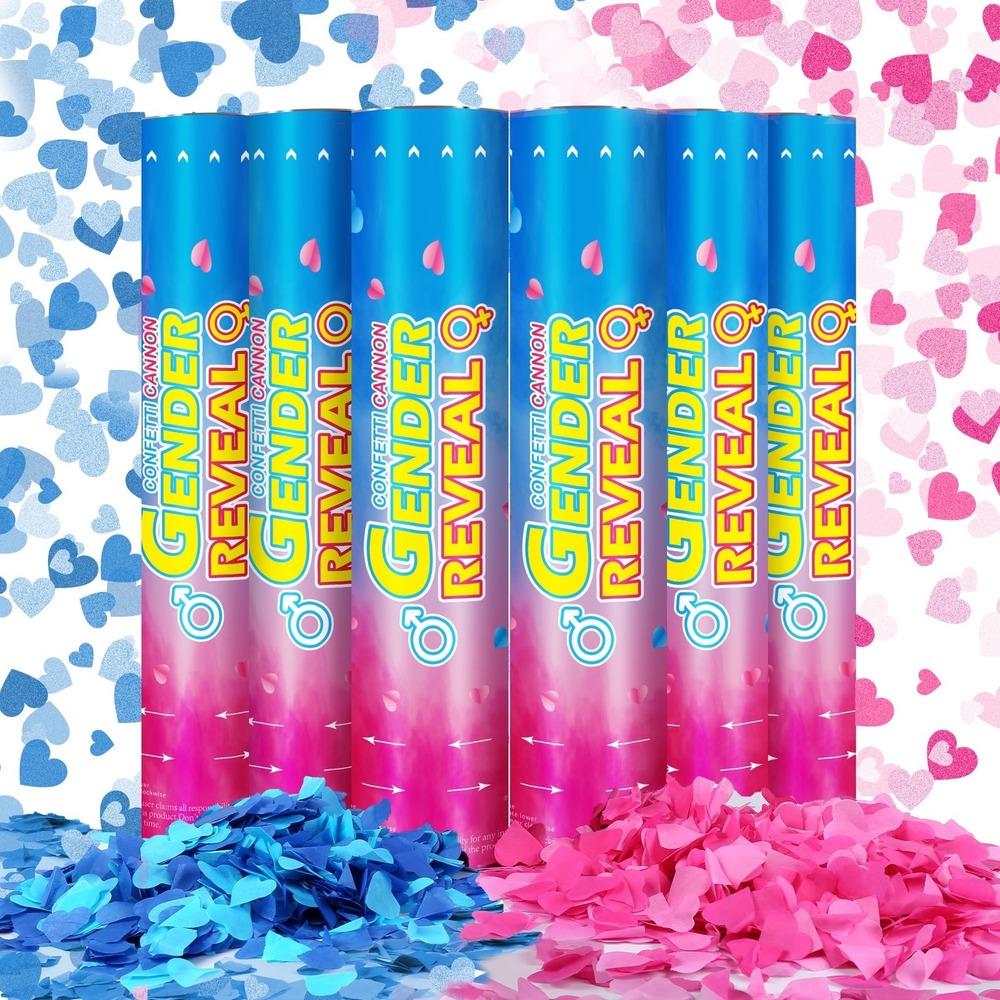 Gender Reveal Baby Confetti Cannons 6 Pack Blue Heart Shaped Easy Twist New Set